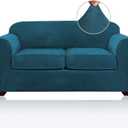 PrinceDeco Velvet Couch Cover Loveseat Covers for 2 Cushion Couch 3 Piece Sofa Covers for Dogs Washable Loveseat Covers Width Up to 72 Inch No Slip Stretch Sofa Slipcover (Medium,Deep Teal)