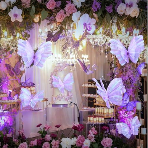 Geelin 4 Pcs Large Purple Butterfly Decorations Mariposas Grandes para Decoracion Big Butterfly Party Decor 20 Inch 12 Inch 3D Silk Butterflies for Baby Shower Women Birthday Party Wedding Decor