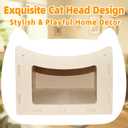 Cute Cat Head Wooden Indoor Cat House, Double Decker Cat Shelter with Elevated Soft Canvas Upper Bed and Cat Bed Mat, Multi-Level Pet Condo for Cats & Rabbits