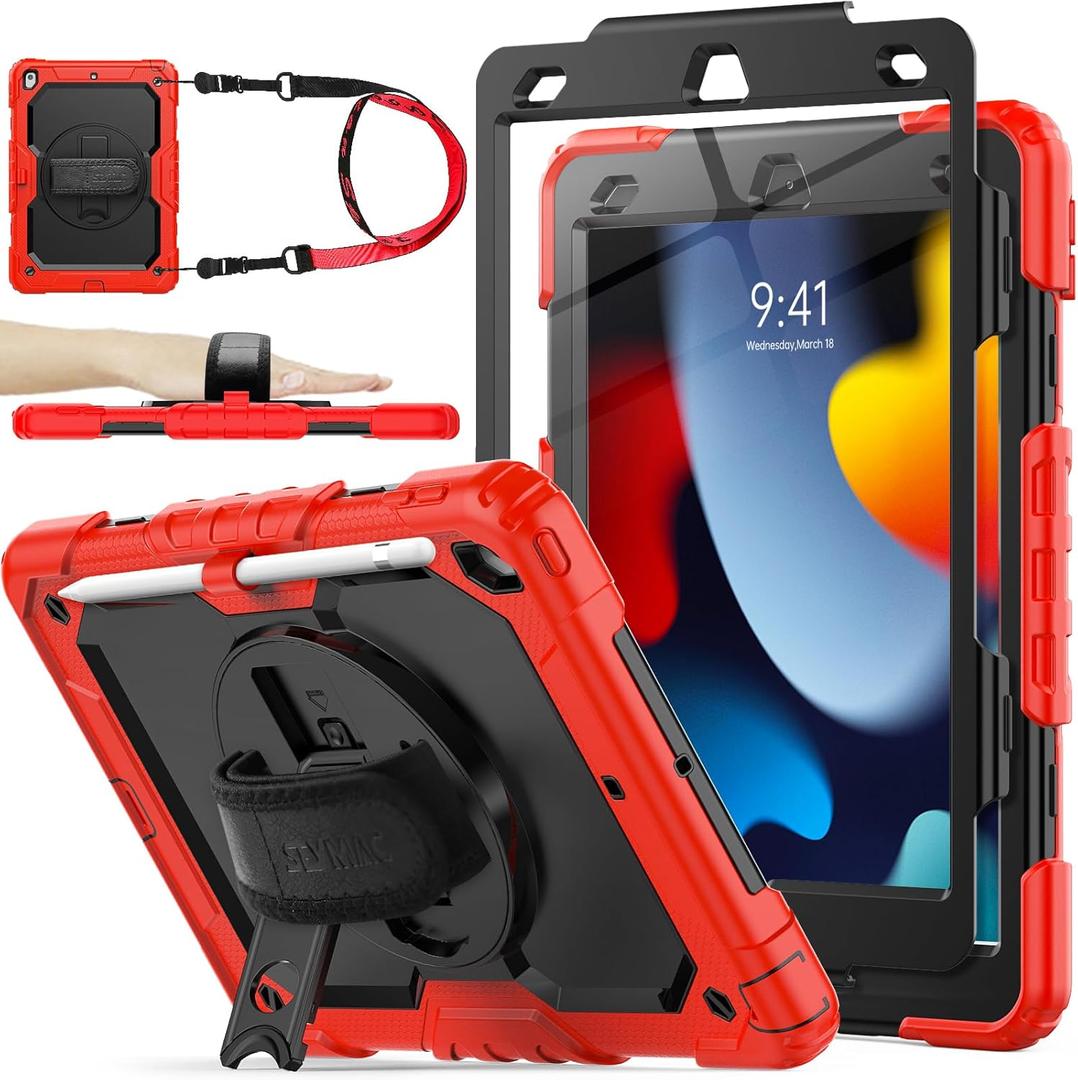 SEYMAC stock Case for iPad 9th/ 8th/ 7th Generation 10.2'', Shockproof with Screen Protector, Pencil Holder [360 Rotating Hand Strap] & Stand, for iPad 10.2 inch 2021-2019 (SiliconeRed+Black)