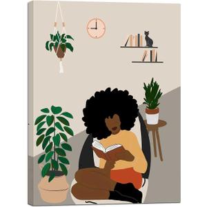 African American Boho Wall Art - Black Women Canvas Print, Book Lover Art, Girl Reading Framed Poster, Wall Decor (16L" x 12W")