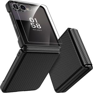 Miimall for Galaxy Z Flip 7 Case with Screen Protector, Non-Slip Hinge Protection Wireless Charging Dustproof Shockproof Hard Rugged Slim Women Rugged Phone Case for Samsung Flip 7 2025 Cover Black