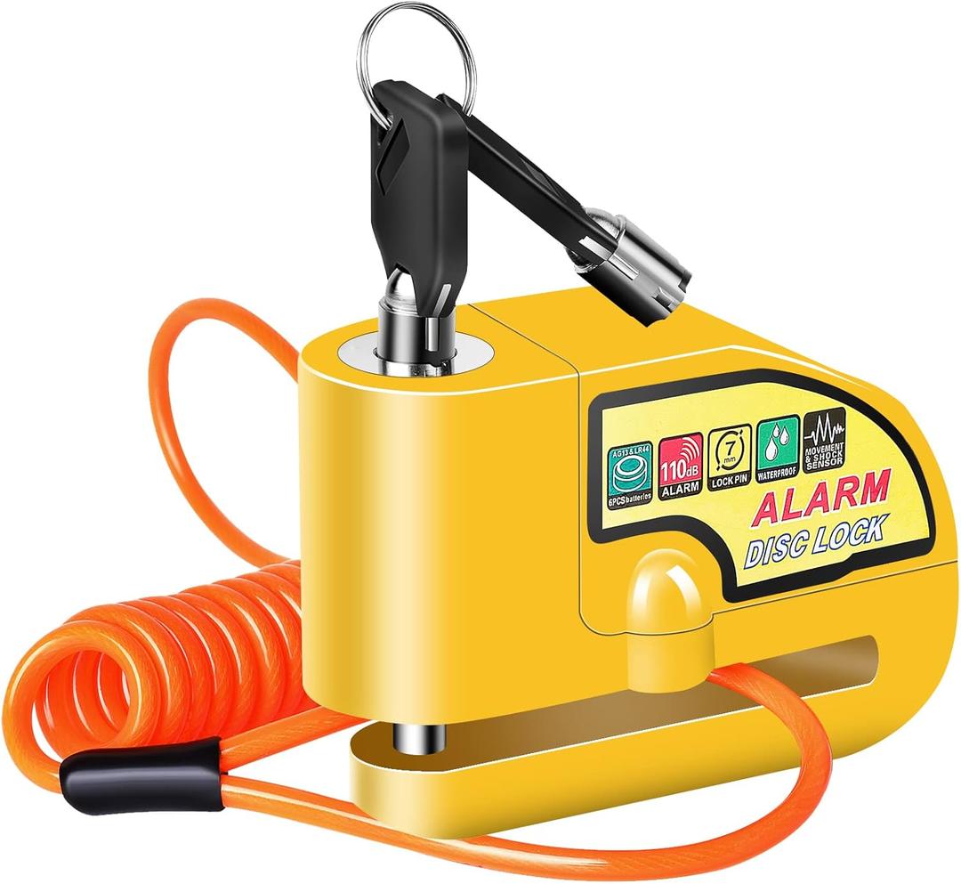 Motorcycle Alarm Disc Brake Lock, Motorcycle Locks Anti Theft Security Wheel Disc Lock Waterproof 110dB Alarm Sound with 5ft Reminder Cable Keys and Carry Pouch for Motorbike Bike Scooter (Yellow)