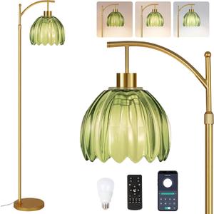 QIYIZM Green Floor Lamp for Living Room,Bedroom,Gold Dimmable Standing Lamp with Remote,Mid Century Modern Brass Tall Lamp Boho Floor Lamps Arc Stained Glass Flower Light Bohemian