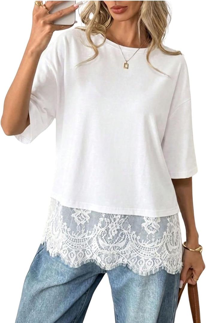 Verdusa Women's Lace Tops Y2k Oversized Tshirts Basic Tees Short Sleeve Summer Outfits Going Out Top (White, XL)