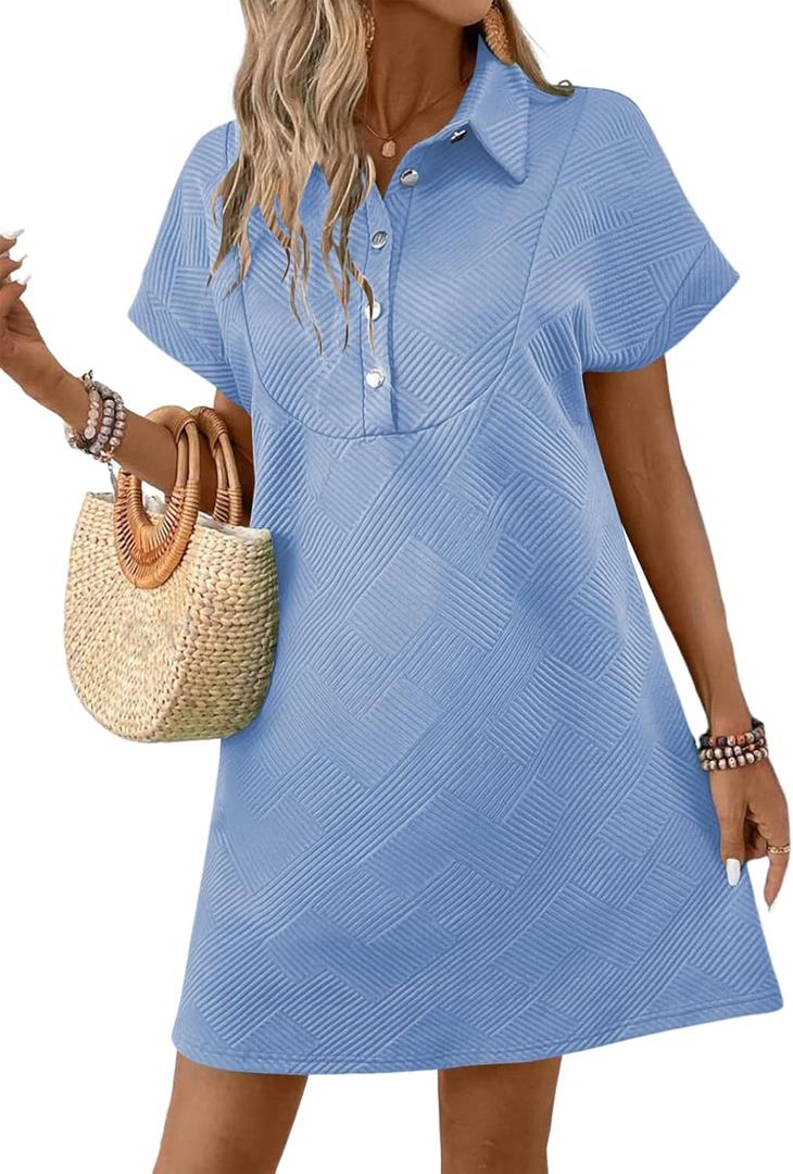 Acelitt Spring Summer Lapel Collared Dresses for Women 2025 Business Casual Work Batwing Short Sleeve Mini Dress Beach Sundress Vacation Outfits Myosotis Medium