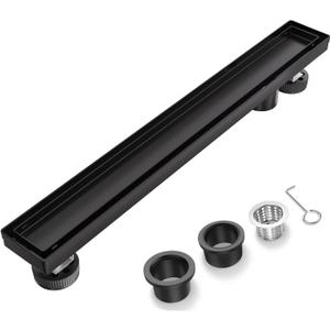 32 Inch Offset Linear Shower Drain Matte Black2-in-1 Flat Reversible Cover with Tile Insert Grate Cover, Side Out Stainless Steel Linear Floor Drain Including Hair Strainer
