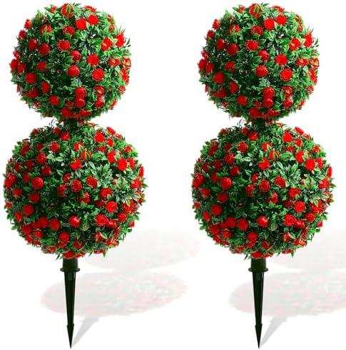 Yunlly 2 Pack 28 Inch Outdoor Artificial Rose Topiary Trees Double Ball with Flowers Fake Bush, Realistic UV Resistance Fake Shrubs with Spike Plant for Indoor Front Porch Garden(Red Rose)