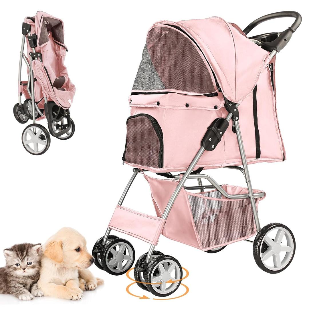Pet Stroller for Small Dogs and CatsQuick-Folding Portable Travel Cat Dog Stroller with Storage Basket and Cup Holder, 4 Wheels, Light Pink
