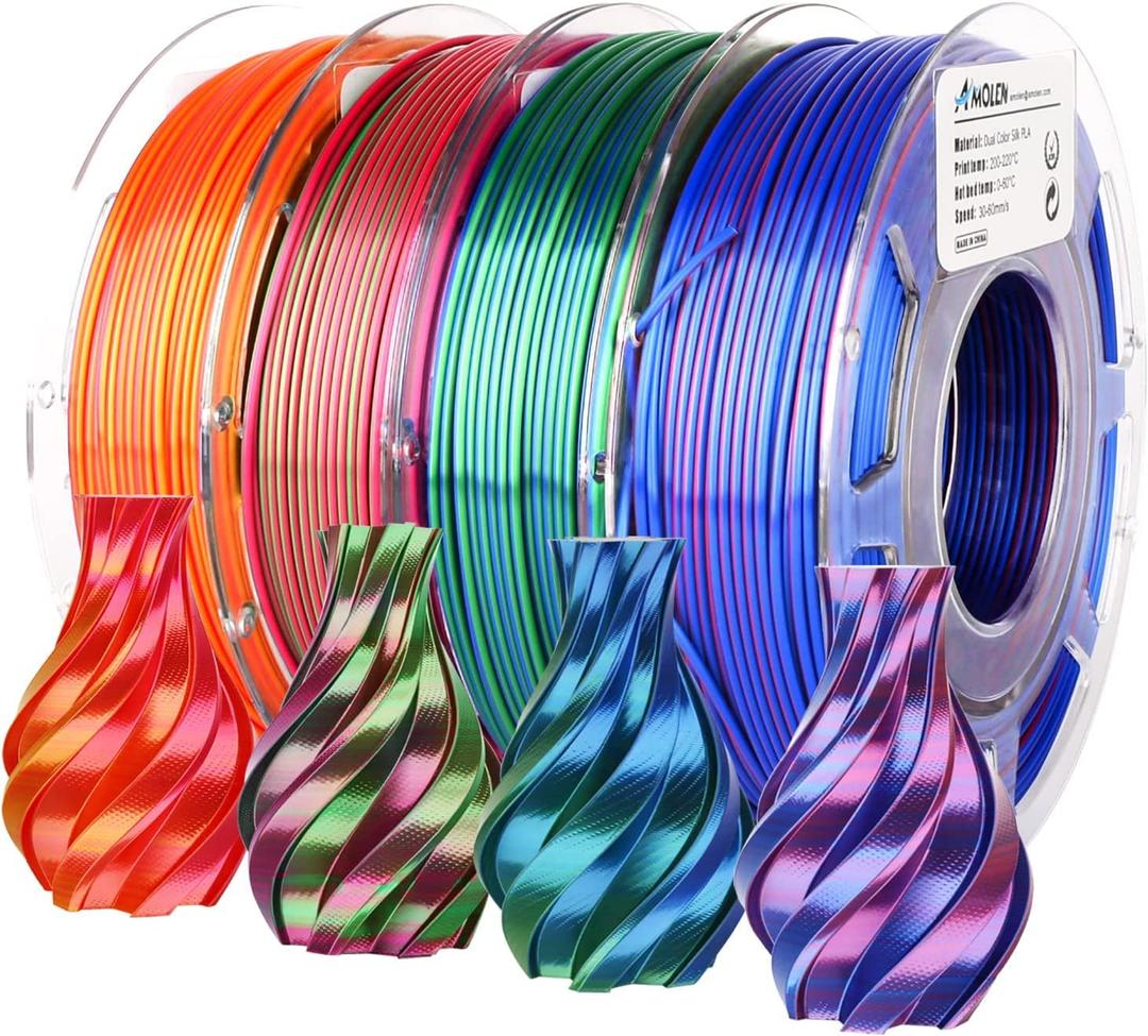 AMOLEN Silk PLA 3D Printer Filament Bundle, Shiny Dual Color Filament 1.75mm Pack, Multi Color Change 3D Printing Filament for Most FDM 3D Printer, 4 Spools 200g Each (Dual Red Gold/Red Green/Red Blue/Blue Green)