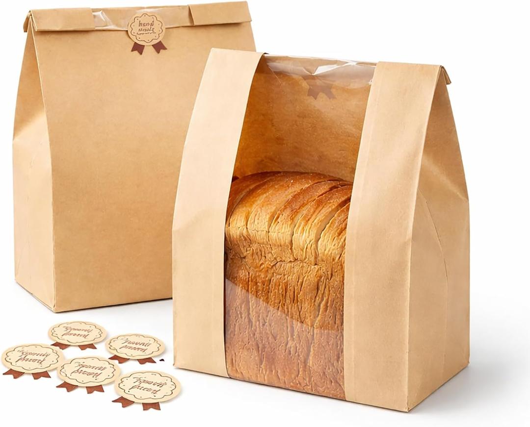100PCS Bakery Bags with Window, 3.9 x 8.3 x 12.5 Inch Kraft Paper Treat Bags, Resealable Cookie Bags for Packaging Cookies, Coffee, Snacks, Candy, Wedding Favors & Gift