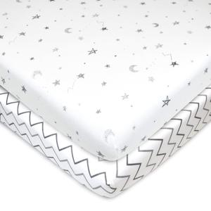 TL Care 2 Pack 100% Natural Cotton Fitted Pack and Play Sheets 39" x 27" - Soft & Breathable Pack N Play Sheets for Playard & Mini Crib Mattress, Gray Star/Gray Zigzag, for Boys & Girls