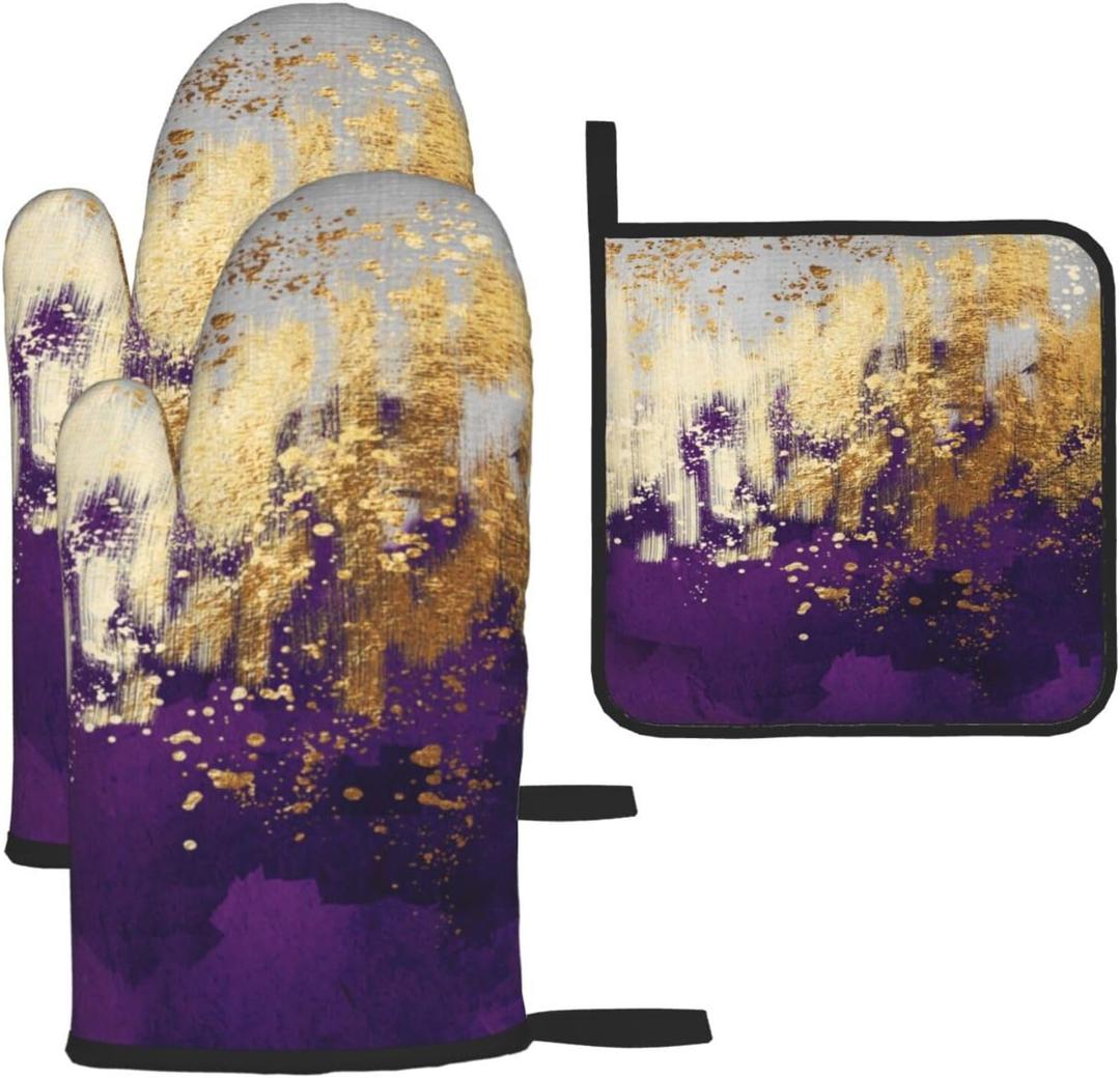 3 - Piece Purple and Gold Splash Patterned Oven Mitts and Pot Holders Set, Heat Resistant Non-Slip Modern Abstract Art Purple Kitchen Gloves for Cooking Baking Grilling, Gifts for Women, Home Decor