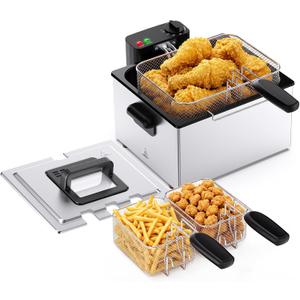 NEWBULIG Deep Fryer with Basket, 5 Liter Electric Deep Fryer with 1800W Power, Adjustable Temperature, Lid with Viewing Window for Fried Chicken, Shrimp, French Fries, Silver