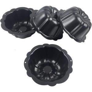LoveDeal 4 Inch Fluted Tube Cake Pan, Nonstick Mini Kugelhopf Mold, Carbon Steel Fluted Baking Cake Pans, Metal Round Pumpkin Shaped Mould for Muffin, Brownie, Pudding - Black, Set of 4