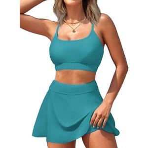 AI'MAGE High Waisted Bikini Sets Tummy Control Two Piece Swimsuit Scoop Neck Bathing Suit Sporty Padded with Skirt (Medium, Dark Green Blue)