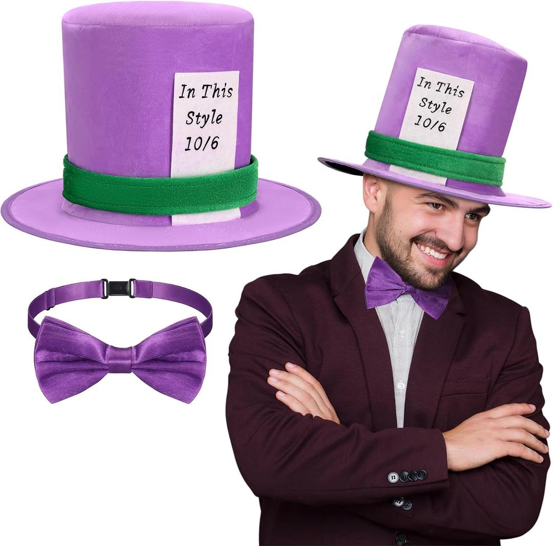 Glitopper 2 Pcs Halloween Costume Accessory Set Include Plush Hatter Top Hat and Purple Tie for Adult Halloween Cosplay Party, One Size