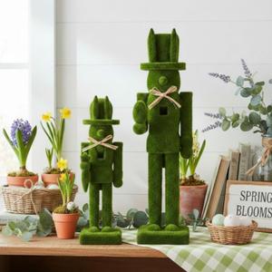 Weysat 2 Pcs Flocked Easter Nutcracker Figure Wooden Moss Nutcracker Figures with Straw Woven Bow Easter Ornament for Festival Party Gift Shelves Table Desktop Fireplace Decor, 10inch, 15inch