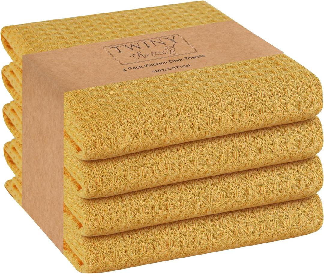 TWINY threads Kitchen Towels Set of 4, 100% Soft Cotton Waffle Weave Dish Towels with Hanging Loop, Reusable for Table Cleaning, Dinning, Parties - 16"x26" - Mustard Yellow