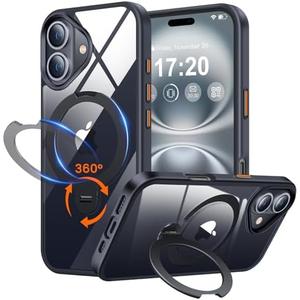 PuyaTeya 360° Rotatable Magnetic Stand for iPhone 16 Case Compatible with Magnetic 16FT Military Drop Protection, Anti-Scratch/Fingerprint Shockproof iPhone 16 Phone Case(Clear-Black)