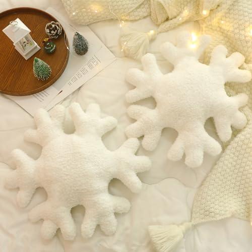 Huwena 2 Pcs 16 Inches Winter Snowflake Throw Pillows Snowflake Shaped Pillow White Winter Decorative Plush Cute Pillow for Christmas Couch Sofa Bed Decoration