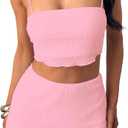 Two Piece Mini Skirt Set Women Plisse Crop Top Summer Outfit Pink M (M)
