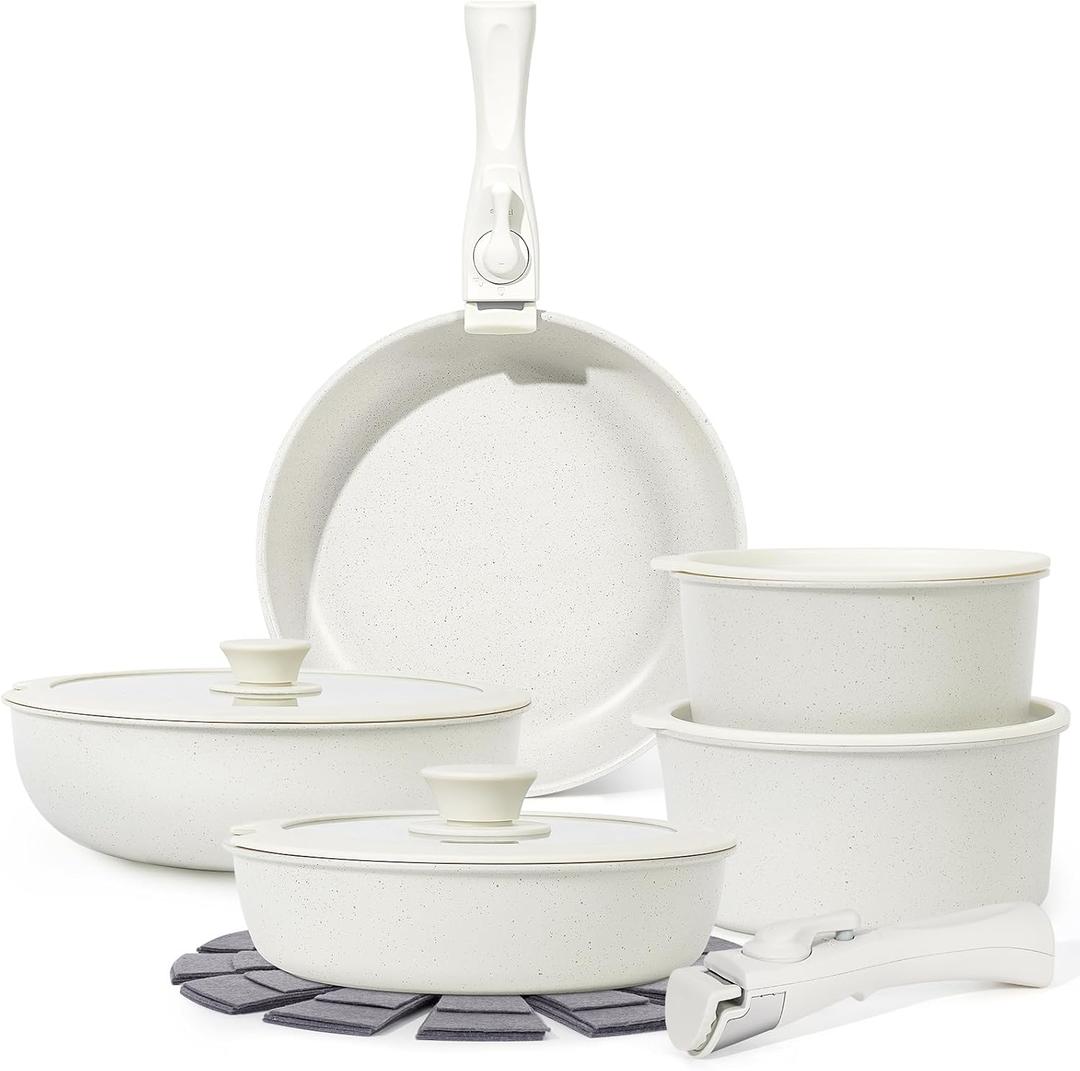 15Pcs Pots and Pans Set Non Stick, Cookware Sets with Detachable Handle, Nonstick RV Kitchen Cooking Tools Removable Handles, Oven Safe, Induction Fast, Stackable Induction Cookware, White