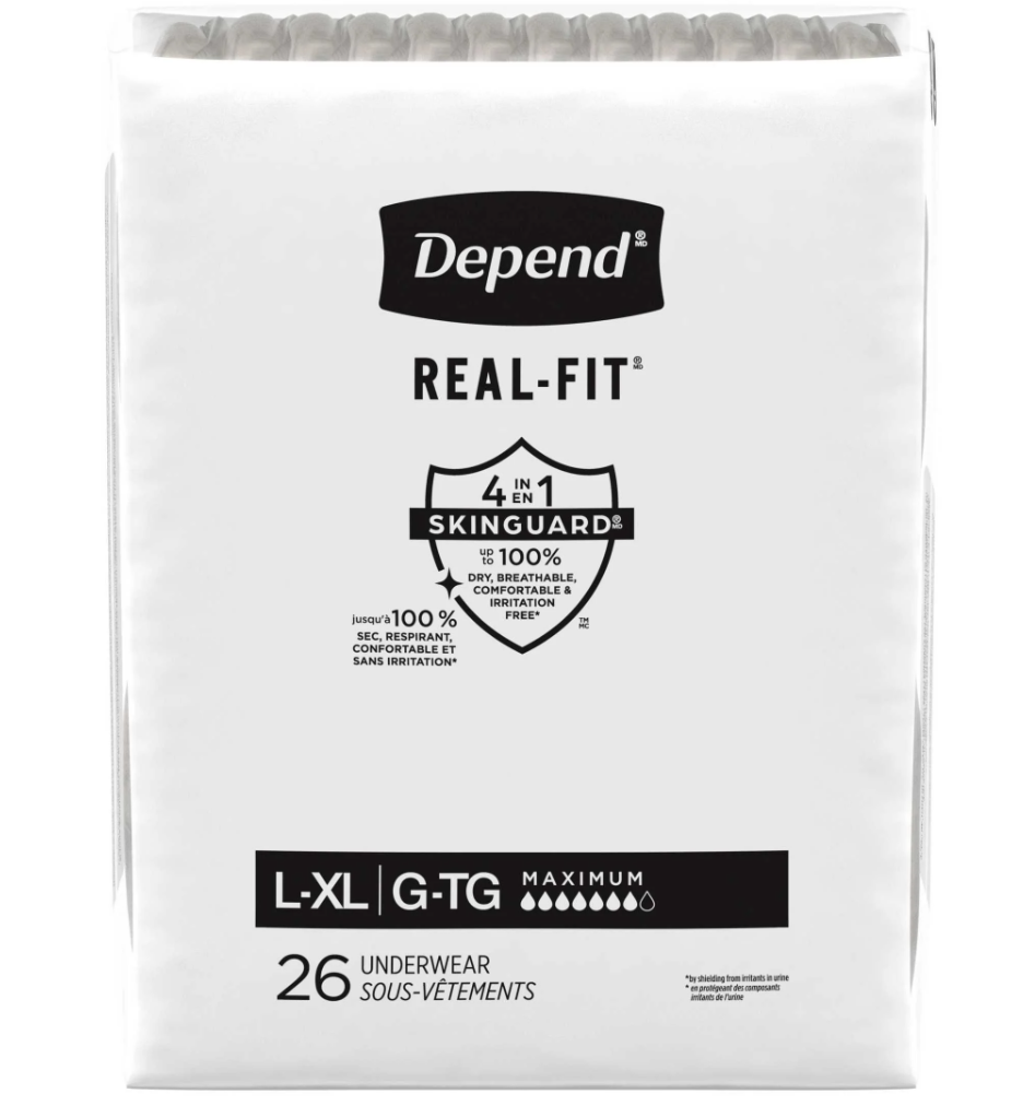 Depend Real Fit Adult Diapers, Incontinence Underwear for Men, Disposable, Maximum Absorbency, Large/Extra Large, Grey, 20 Count, Packaging May Vary