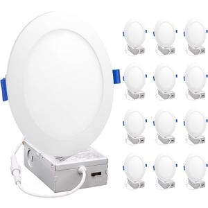 Maxxima 12 Pack 6 5 CCT Ultra-Thin Recessed LED Downlight, 1050 Lumens, Color Selectable 2700K-5000K (2700K/3000K/3500K/4000K/5000K), Dimmable, Canless, Slim, IC Rated, Junction Box Included