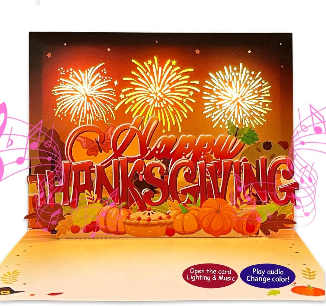 3D Pop Up Card with Light and Music - Thanksgiving, Fall, Birthday, Thank You, Holiday Card - Envelope Included