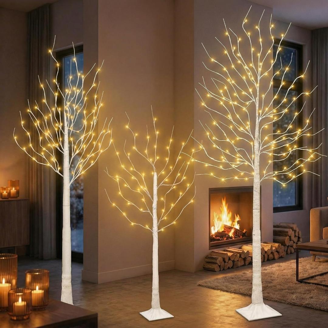 3Pack Lighted Birch Tree with 144 Warm White Lights, 8 Modes Prelit White Artificial Christmas Trees with Timer for Holiday Indoor Outdoor Decor Garden Wedding Party Bedroom Decoration(4, 5, 6FT)