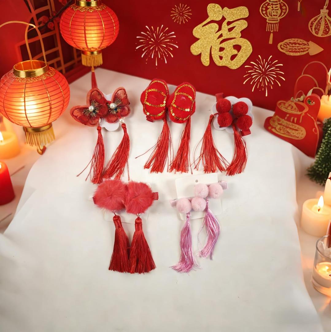 KYMY 2026 Chinese & Vietnamese New Year Hair Clips  5 Pairs Spring Festival Red Bow Hairpins with Furry Balls & Chinoiserie Tassels, Lunar New Year Hair Accessories (Maroon)