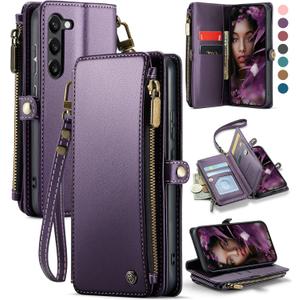 Defencase Compatible with Samsung Galaxy S23 Case Wallet with RFID Blocking Card Holder for Women Men, Soft PU Leather Magnetic Snap Flip Zipper Strap Wallet Phone Case Fit for Galaxy S23 6.1", Purple