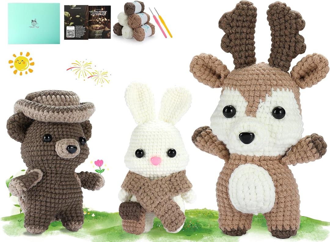 DoodleTwyst Amigurumi Crochet Kit  DIY Crochet Kit with Yarn & Tools  Fun Crochet Kits for Adults to Make Bear, Bunny & Reindeer Stuffed Animals