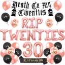 Rip Twenties 30th Birthday Party Decoration for Women Black and Rose Gold Balloon Garland Death to My Twenties Banner, Rip to My 20s Sash, Number 30 Foil Balloon for Funny Thirty Birthday