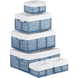 Vagusicc Wicker Storage Basket, 6 Pack Baskets for Organizing, Wicker Baskets with Handle, Rectangular Woven Basket for Storage Shelves, Cube Storage Bins for Closet/Clothes/Dresser, Blue