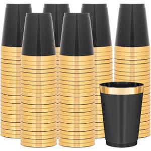 supernal 200pcs Black Plastic Cups 10oz Disposable Cups with Gold Rim, Premium Black and Gold Plastic Cup, Disposable Cocktail for Wedding, Birthday, Parties, Large