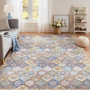 Kokia Trellis Moroccan 8x10 Washable Area Rugs Blue/Yellow, Oriental Rug for Living Room, Soft Non-Slip Foldable Rugs for Bedroom Dining Room