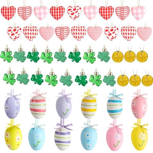 Jutom 54 Pcs Valentines Day Tree Decorations Heart Hanging Ornaments St. Patrick's Day Shamrock Easter Egg Tree Ornaments Heart Shaped Clover Baubles for Holiday Party (Stylish Style)