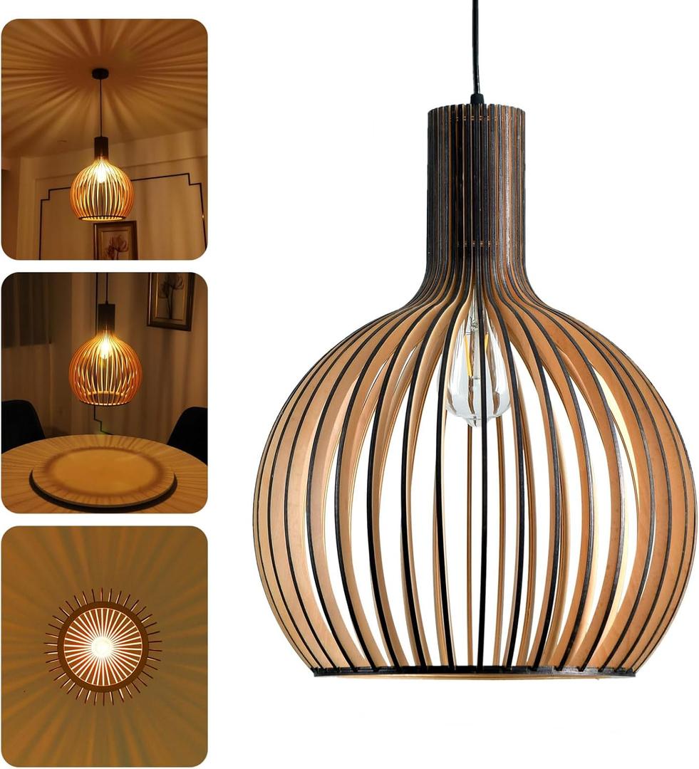 Wood Pendant Light, E26 Base Hanging Lamp Indoor, Natural Wooden Hand Made Chandelier, Boho Height Adjustable Dining Table Hanging Lamp for Hotel Bar Caf Kitchen Island Hallway Entryway (Black-35CMx45CM)