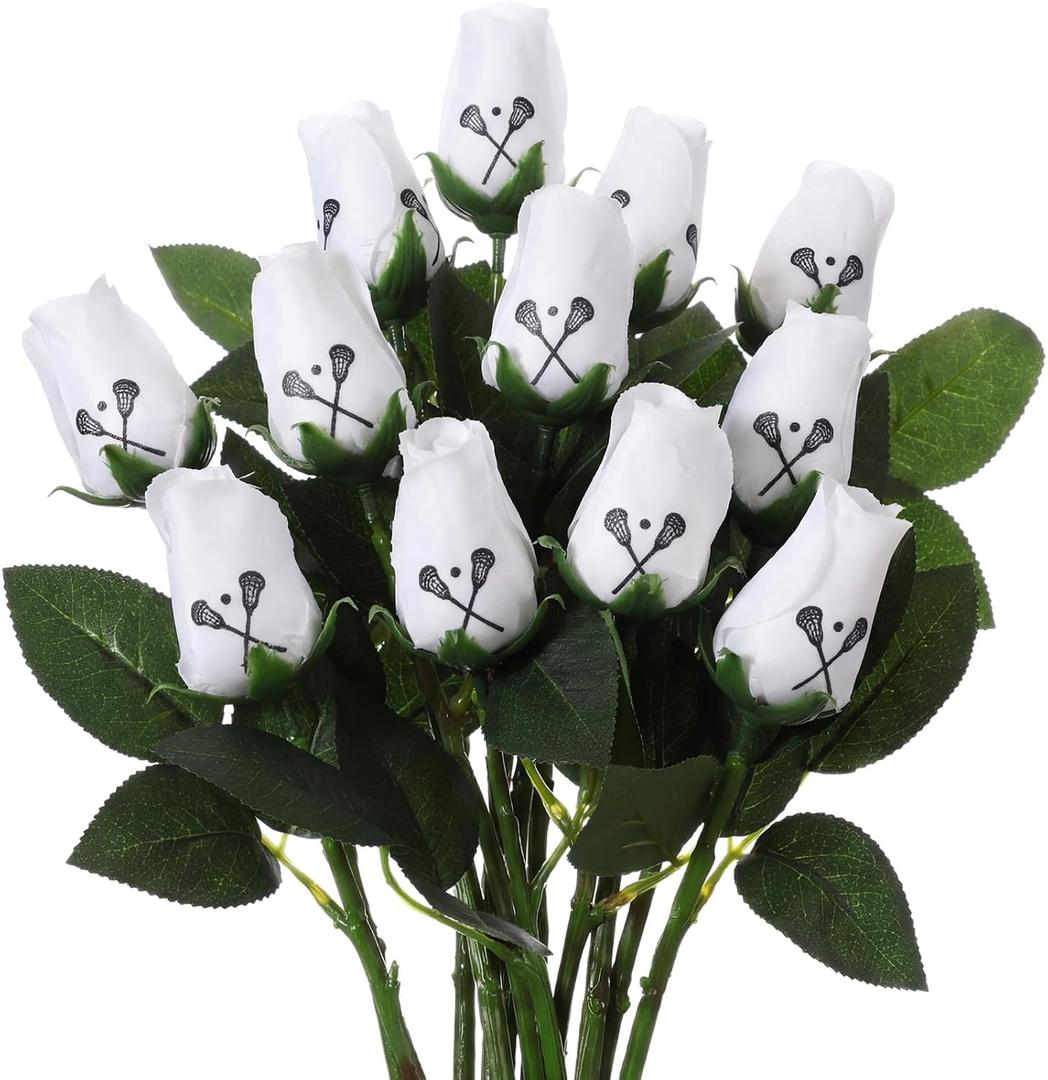 Suhine 12 Pcs Artificial Lacrosse Rose Flowers Sports Party Favors Bulk for Birthday Graduation Wedding Party Decorations Table Centerpieces Game Prizes Senior Night Team Gifts(Lacrosse Color, Normal)