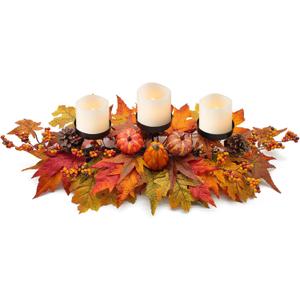 Thanksgiving Centerpiece Fall Table Decorations, Artificial Gourd, Pumpkins, Pine Cones, Maple Leaves and Berries Harvest Table Candle Holder for Dinning Table, Fireplace Mantel (Candle Not Included)