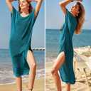 VOTEPRETTY Womens Two Piece Cover Ups Sets Crochet Beach Vacation Summer Swimwear Short Sleeve Outfits Split Knit Long Dress (Blue, L)