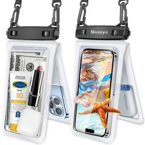 Niveaya Double Space Waterproof Phone Pouch - 2 Pack, Waterproof Phone Lanyard Case with iPhone 16/15/14/13/12 Pro Max up to 8.3", Phone Dry Bags for Vacation Beach Pool Kayak Cruise Travel Essentials (Clear+ Clear)