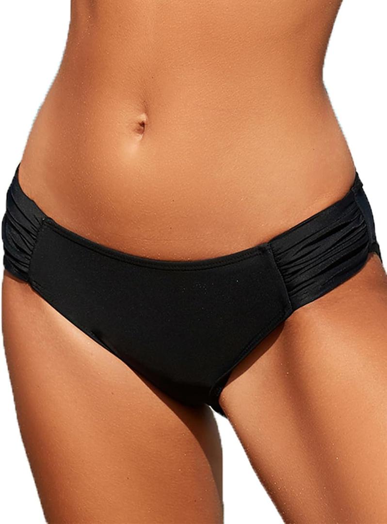 SWIMLANCE Women Low Rise Bikini Bottoms Full Coverage Ruched Swimsuits Swimwear Bathing Suit Bottom (Black, XS)