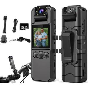 1080P Body Cameras with Audio and Video Recording| 180 Rotating Lens | 6-8HR Battery | Night Vision | 64GB SD Card | 1.3" LCD | Portable Security Cam for Police, Law Enforcement, Outdoors & Meetings