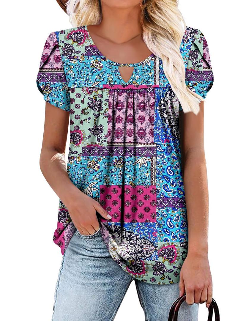 onlypuff 3X Womens Pleated Tops Plus Size Shirt Ladies Short Sleeve Boho Shirts Blouses Summer Crew Neck Tunic Tops BlueBlocks, 3XL