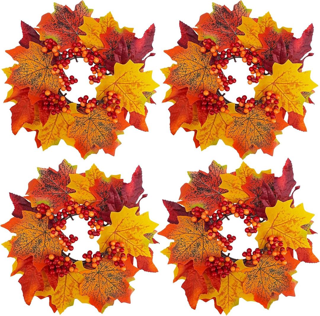 Winlyn 4 Pcs Artificial Maple Leaves and Berries Candle Rings Fall Candle Holders Small Candle Wreath Rings 11" Wide for Farmhouse Fall Thanksgiving Halloween Wedding Centerpiece Table Door Dcor