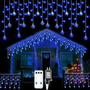 Christmas Snowflake Icicle Lights, 33 ft Outdoor Snowflake Lights with Remote 8 Mode Waterproof 380 LEDs 76 Drops for Curtain Eaves Garden Indoor Outdoor Xmas Home Decor Wedding(Blue)