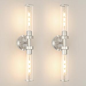 Brushed Nickel Wall Sconces Set of 2, Modern Bathroom Vanity Lights for Mirror, Hardwired Glass Wall Light Fixtures with E26 Base (Bulbs Required) for Bathroom, Bedroom, Hallway, 22.05 Inch
